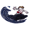 BOY RIDING WAVE ON A DOLPHIN